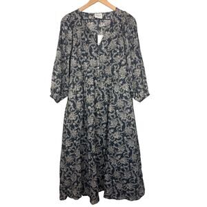 NWT Wrap London Floral Midi Dress US 6 Dark Slate Boho Button Front